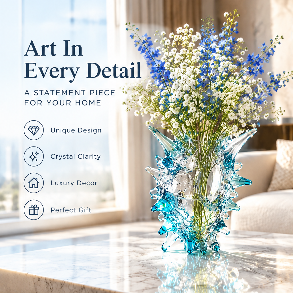 Aqua blue spiked vase styled with blue and white flowers with artistic decor and gifting text.