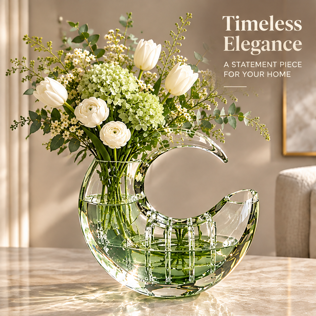 Clear crescent vase styled with white and green flowers in a living room with timeless elegance text.
