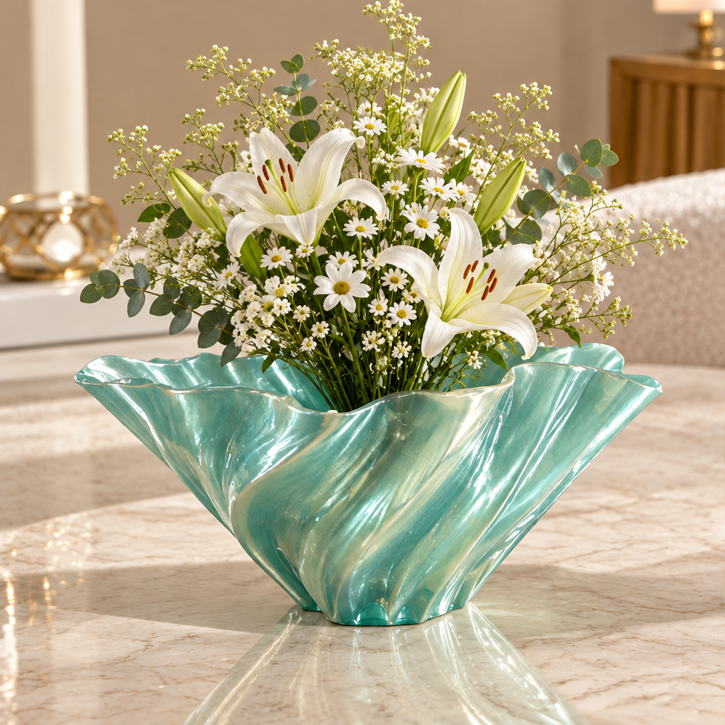 Aqua green sculptural wave vase with white flowers and greenery on a marble-look table.
