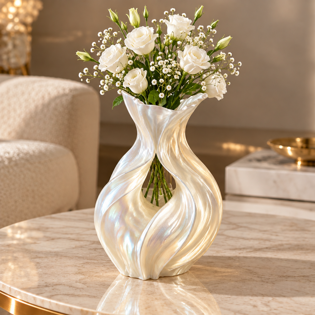 Pearl white twisted sculptural vase with white flowers and greenery on a marble-look table.