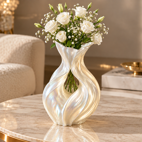 Pearl white twisted sculptural vase with white flowers and greenery on a marble-look table.