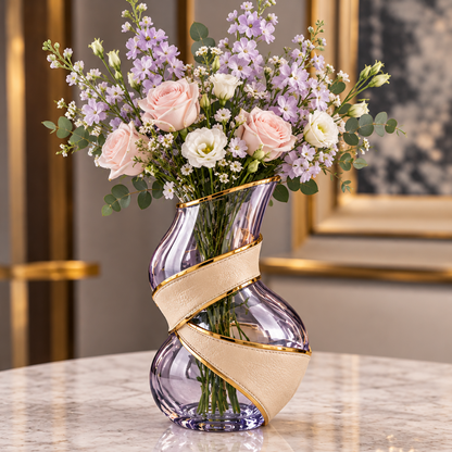 Lavender twisted vase with cream wrap and gold-toned edging, styled with pastel flowers.