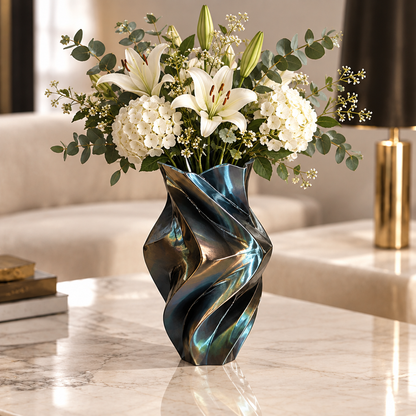 Dark iridescent spiral vase styled with white lilies, white blooms and greenery on a table.