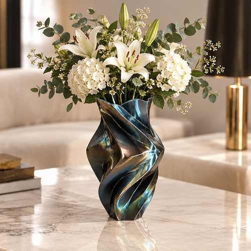 Dark iridescent spiral vase styled with white lilies, white blooms and greenery on a table.