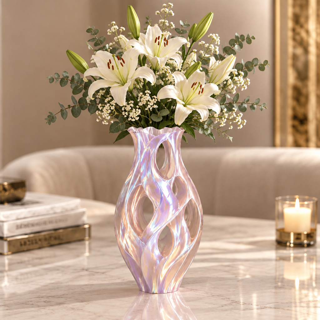 Lavender pink iridescent openwork vase with white lilies and greenery on a marble-look table.