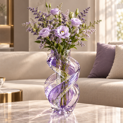 Lavender ribbon twist crystal glass vase with pale purple flowers on a marble-look table.