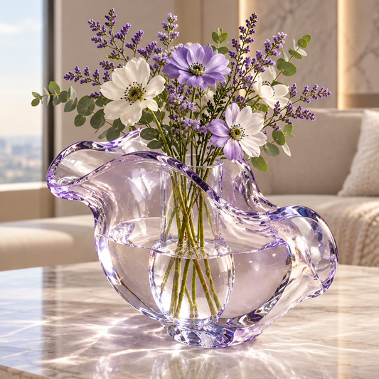 Transparent lavender wave vase with purple and white flowers on a marble-look table.