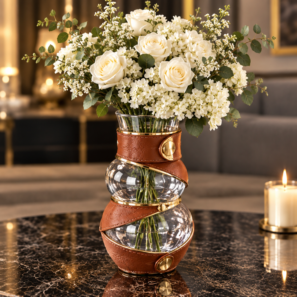 Clear-looking sculptural vase with cognac leather wraps and gold-toned accents, styled with white flowers.