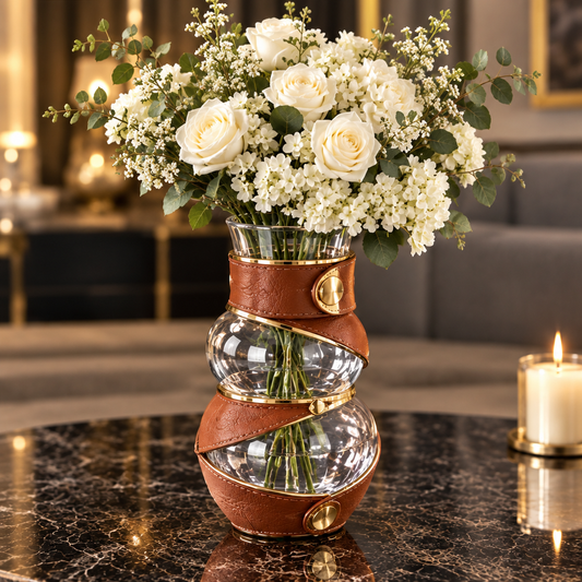 Clear-looking sculptural vase with cognac leather wraps and gold-toned accents, styled with white flowers.