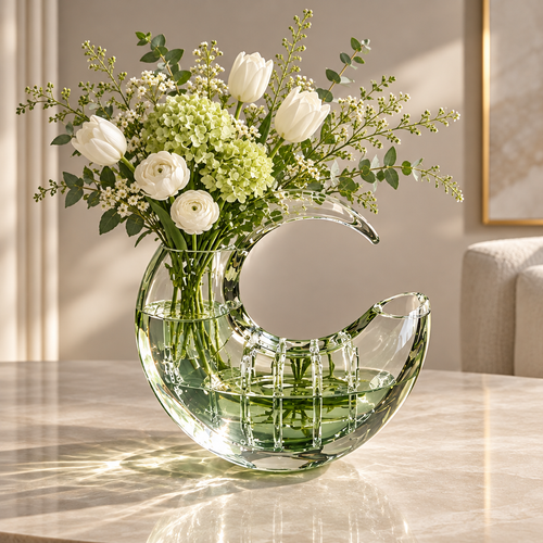 Clear crescent-shaped vase with white and pale green flowers on a marble-look table.