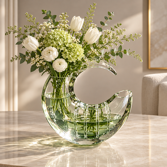 Clear crescent-shaped vase with white and pale green flowers on a marble-look table.