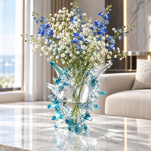 Aqua blue spiked crystal glass vase with blue and white flowers on a marble-look table.