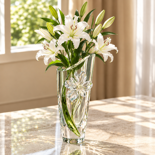 Clear slanted-rim vase with faceted flower detail and white lilies on a marble-look table.