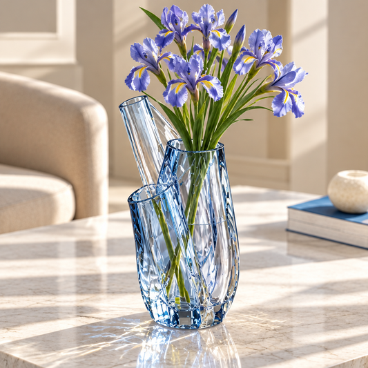 Clear blue multi-tube sculptural vase with purple irises on a marble-look tabletop.