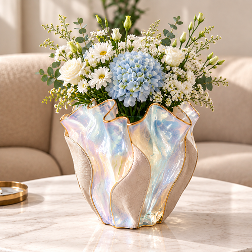 Pearlescent ruffled vase with beige textured panels and gold-toned trim, styled with blue and white flowers.