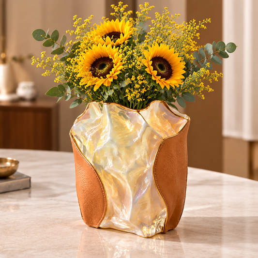 Pearl cream and tan wave vase with yellow sunflowers and greenery on a marble-look table.