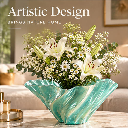 Aqua green wave-shaped vase with white blooms, shown with artistic design text.