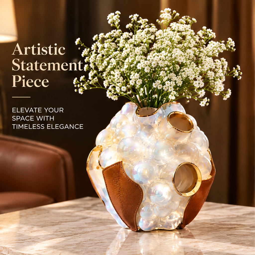 Bubble ceramic and leather vase with white flowers and artistic statement piece text.