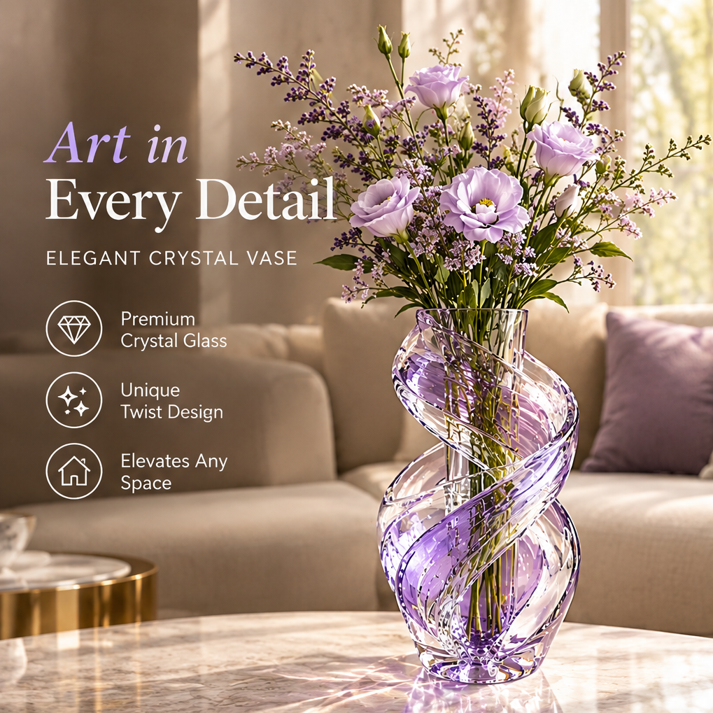 Lavender ribbon twist vase with pale purple flowers in a living room with art in every detail text.