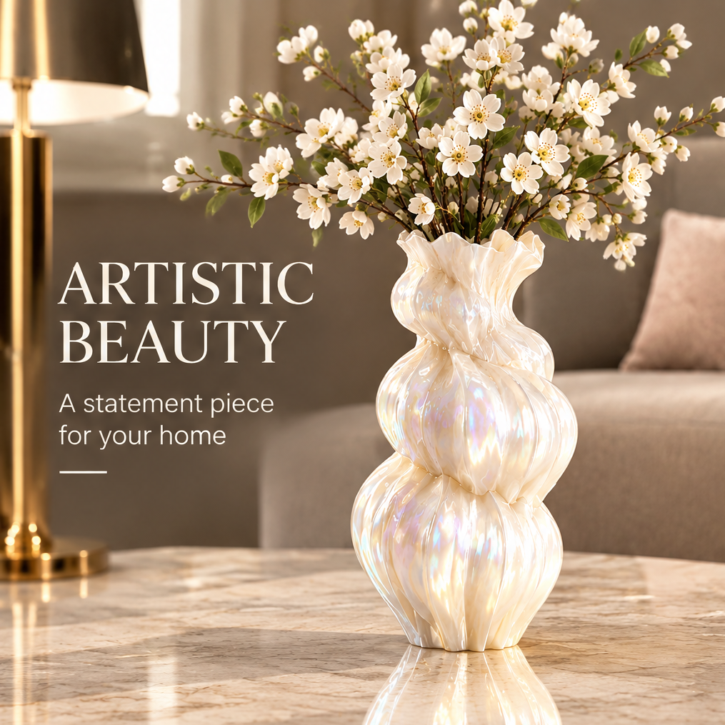 Pearl white tiered vase styled with flowering branches in a living room with artistic beauty text.