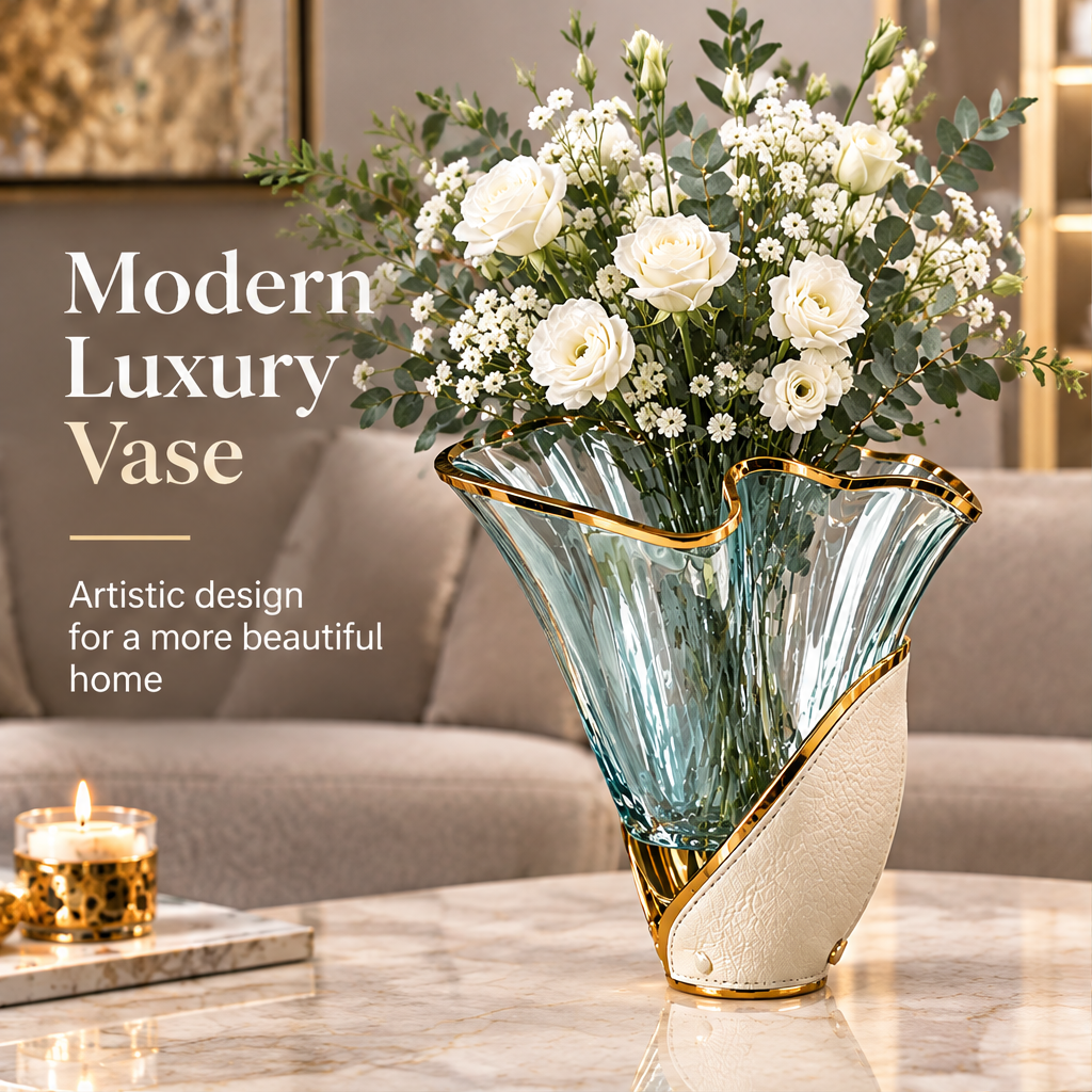 Sage green and cream wave vase with white flowers in a living room with modern luxury vase text.