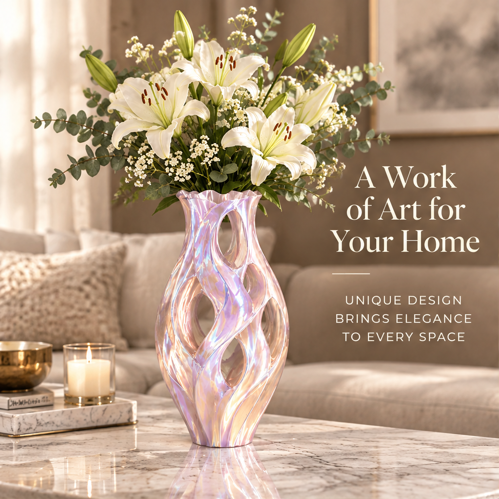 Lavender pink openwork vase styled with white flowers in a living room with artistic decor text.
