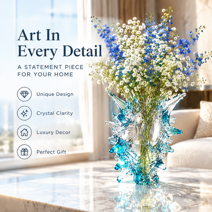Aqua blue spiked vase styled with blue and white flowers with artistic decor and gifting text.