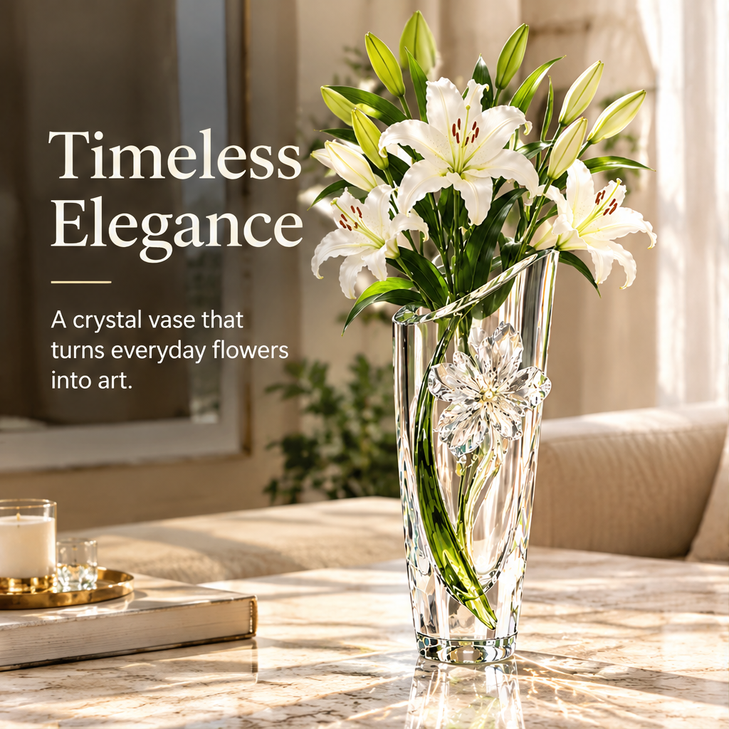 Clear floral crystal glass vase styled with white lilies in a living room with timeless elegance text.