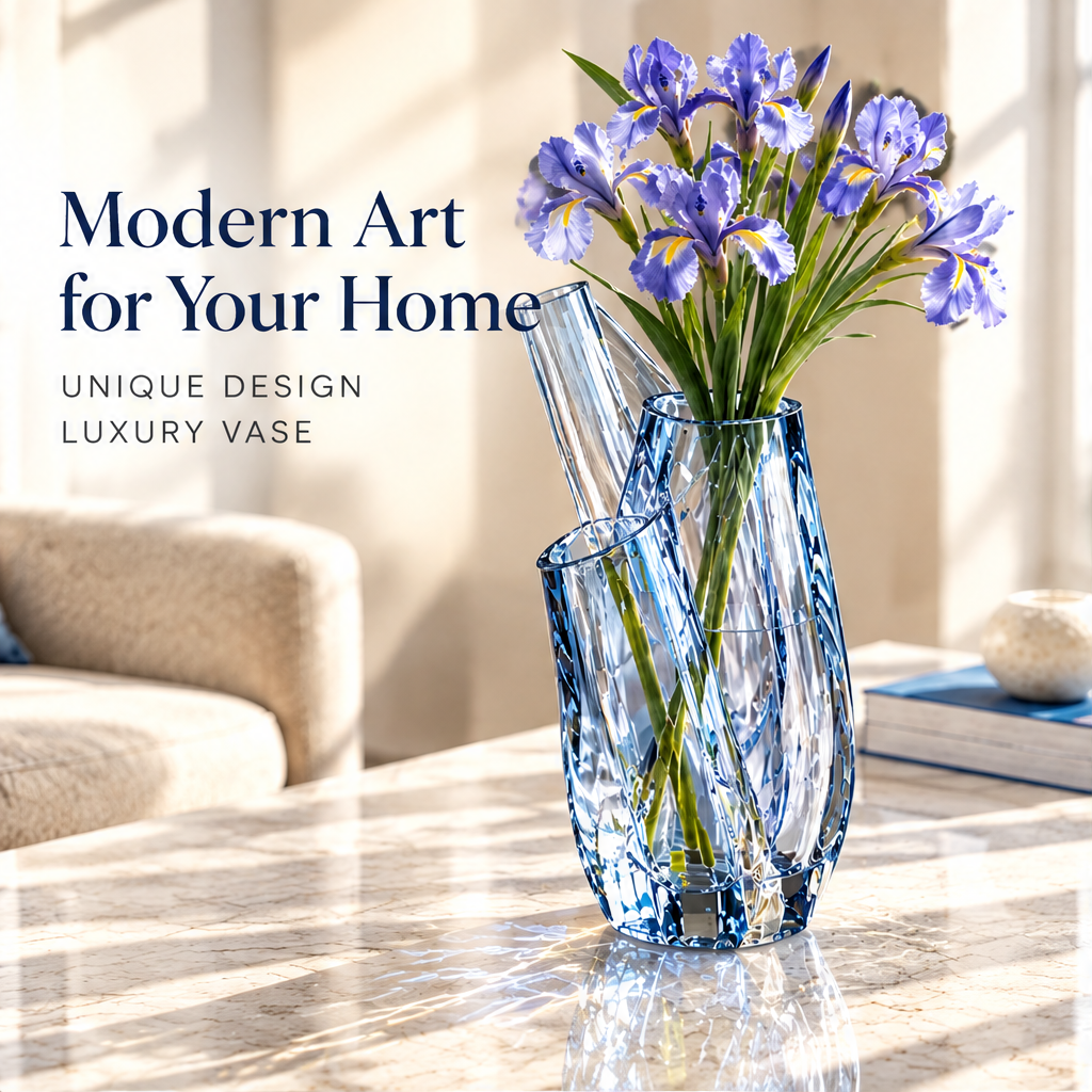 Blue multi-tube vase styled with purple flowers in a living room with suggested room settings.