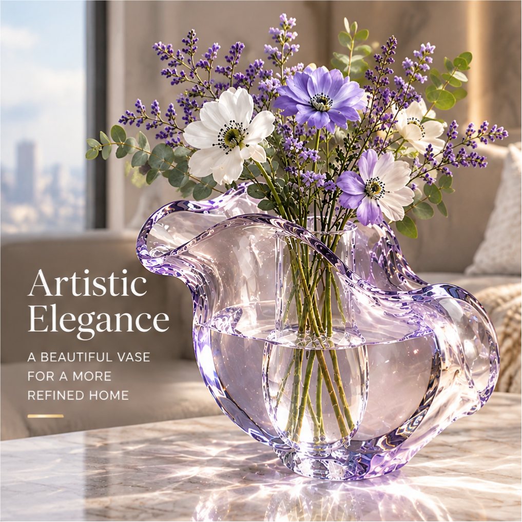 Lavender organic wave vase styled with purple and white flowers with artistic elegance text.