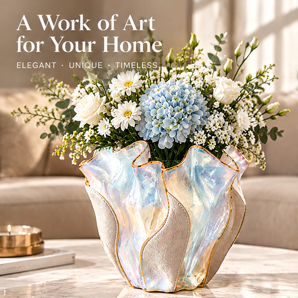 Pearlescent ceramic and leather vase with a floral arrangement and work of art for your home text.