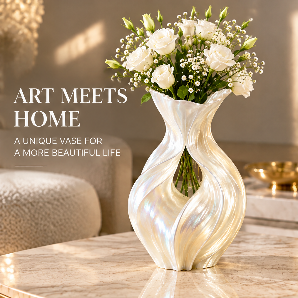 Pearl white sculptural vase styled with white flowers in a living room, with art meets home text.