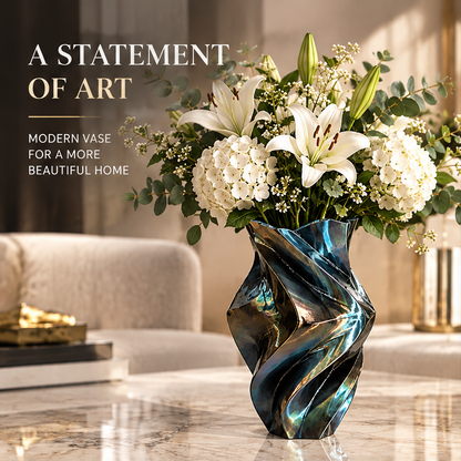 Dark iridescent spiral vase with white flowers in a living room, with statement of art text.