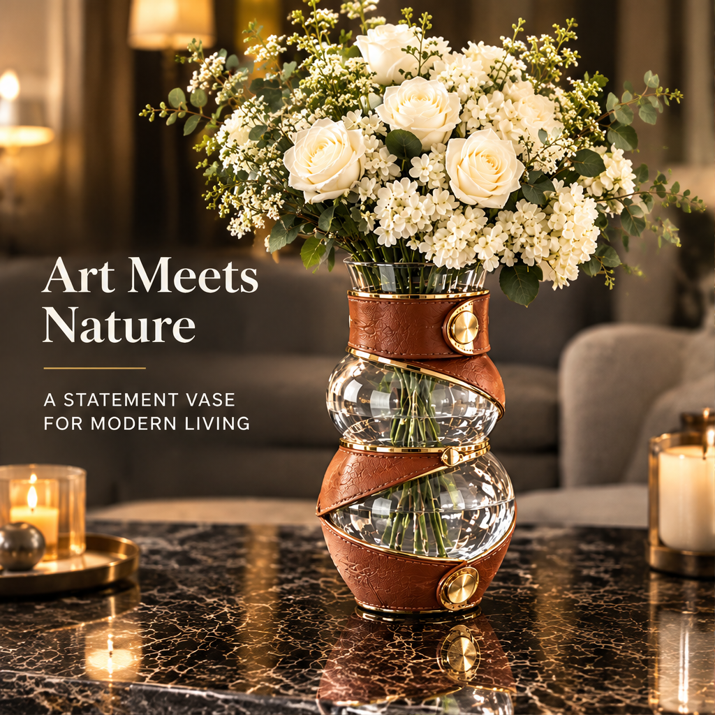 Cognac and clear-looking sculptural vase with white flowers and art meets nature text.