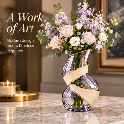Lavender and cream twisted vase styled with pastel flowers with modern design and timeless elegance text.