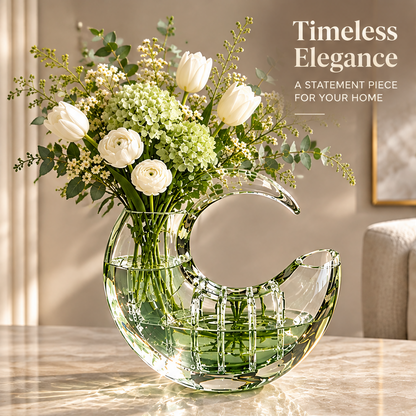 Clear crescent vase styled with white and green flowers in a living room with timeless elegance text.