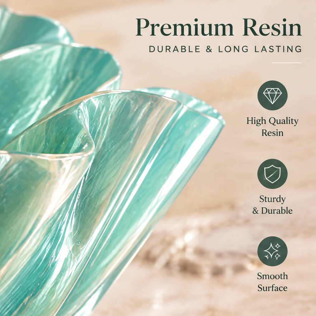 Close-up of the aqua green vase's glossy folds with resin and smooth surface details.