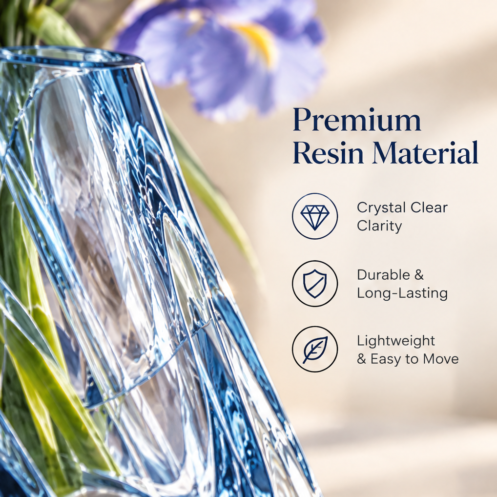 Close-up of blue-tinted transparent resin vase walls with clarity and material information.