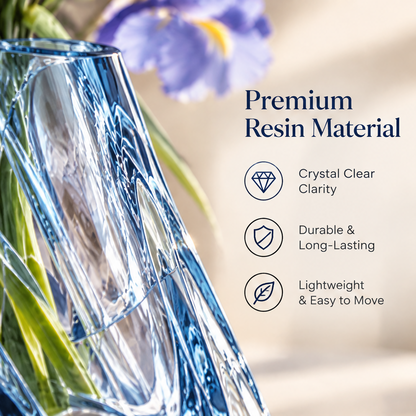 Close-up of blue-tinted transparent resin vase walls with clarity and material information.