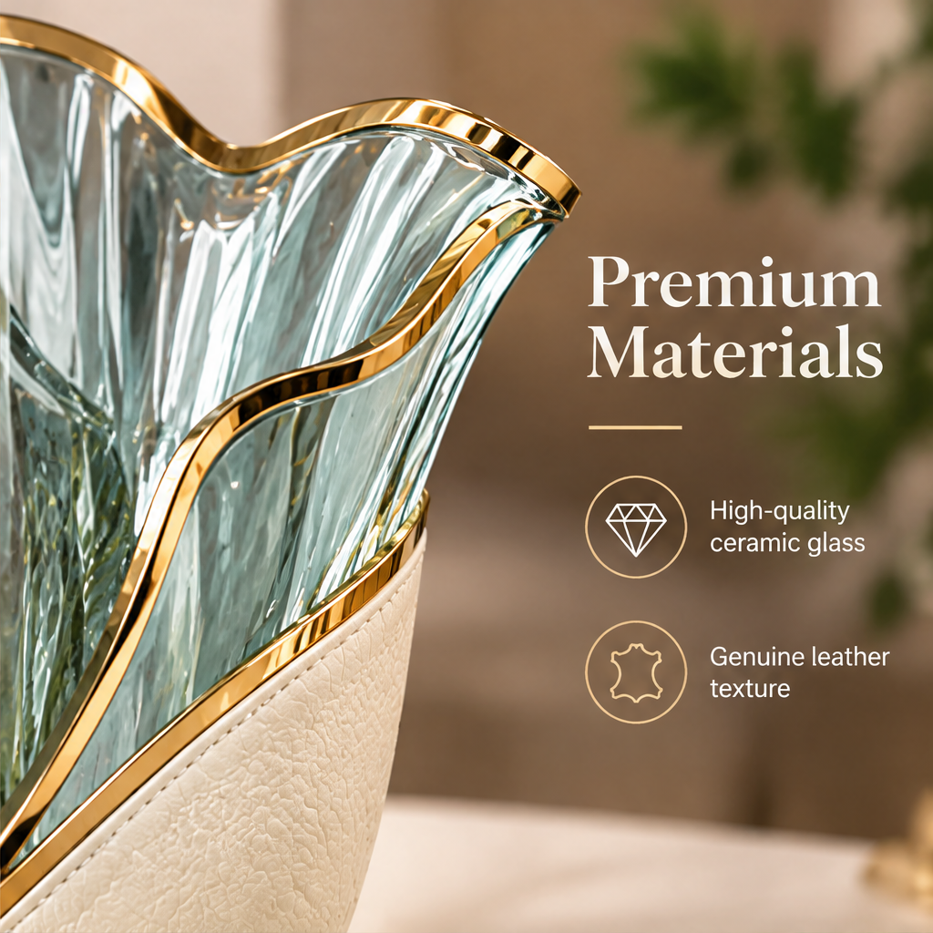 Close-up of the wavy gold-toned edge and cream leather texture with ceramic glass material text.