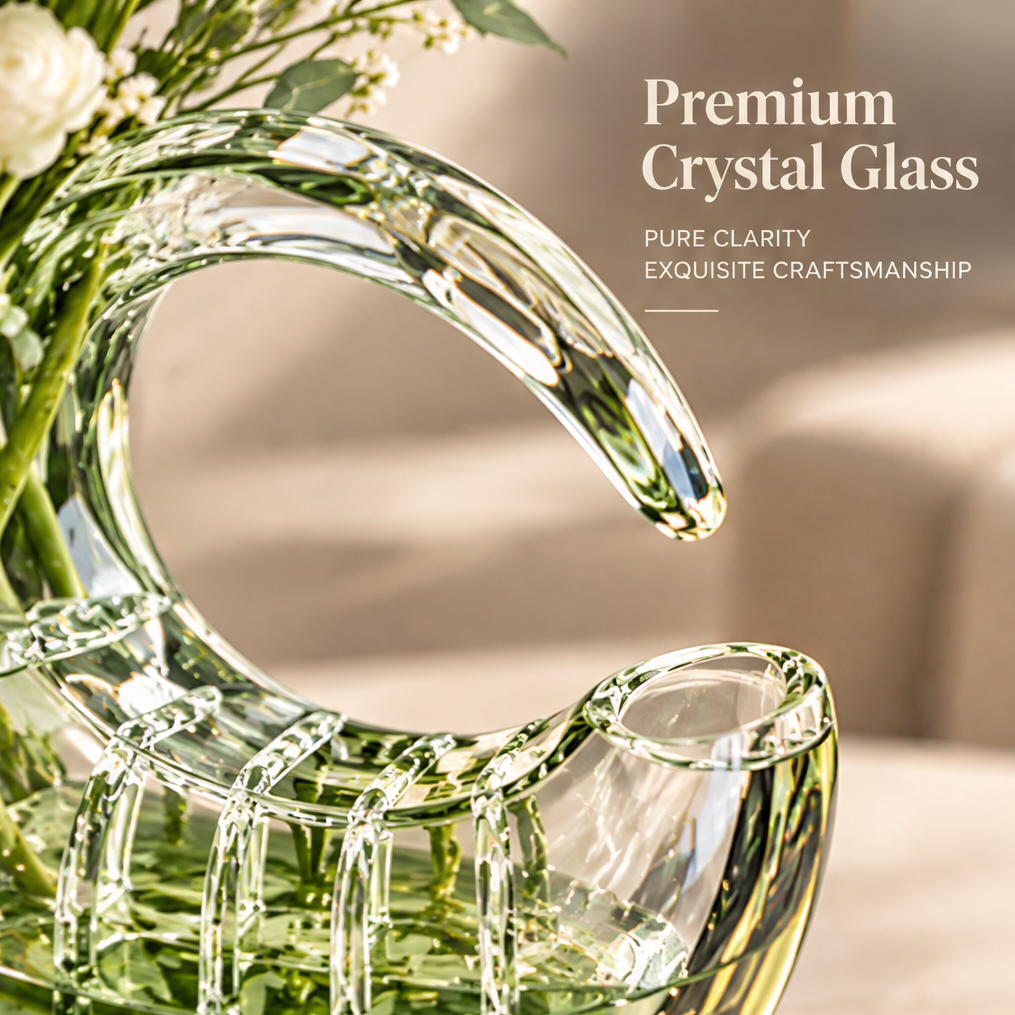 Close-up of the crystal glass crescent curve, ribbed details and opening with material text.