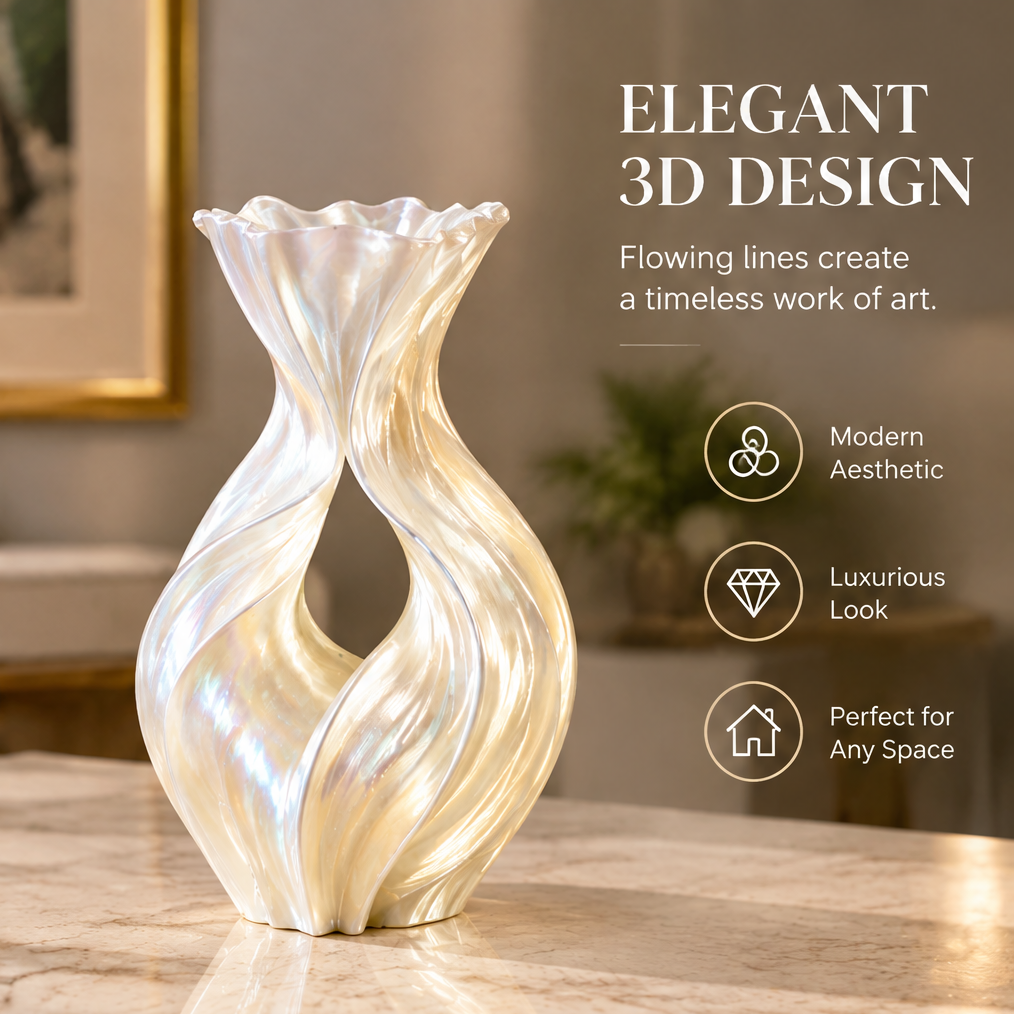 Empty pearl white resin vase showing flowing curves, an open center and a flared rippled rim.