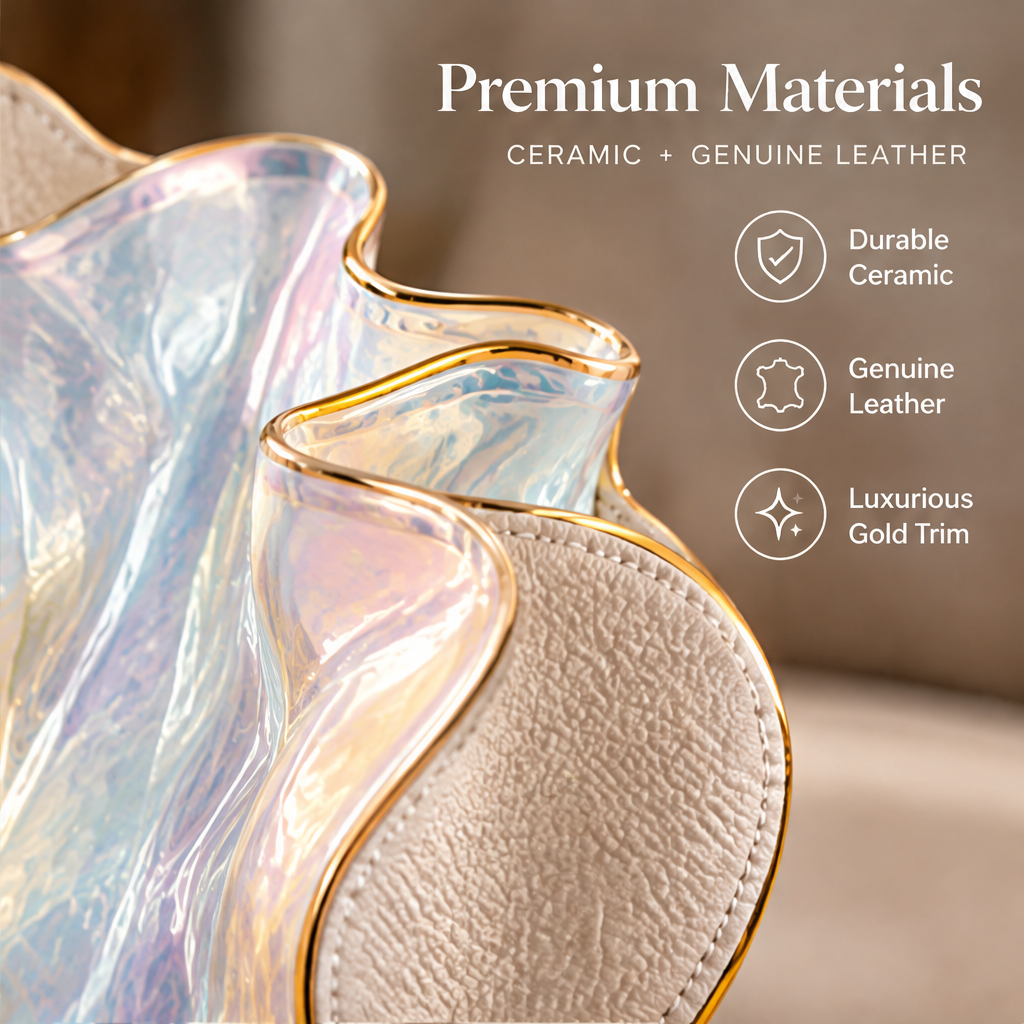 Close-up of the wavy rim, leather texture and gold-toned trim with ceramic and leather material text.
