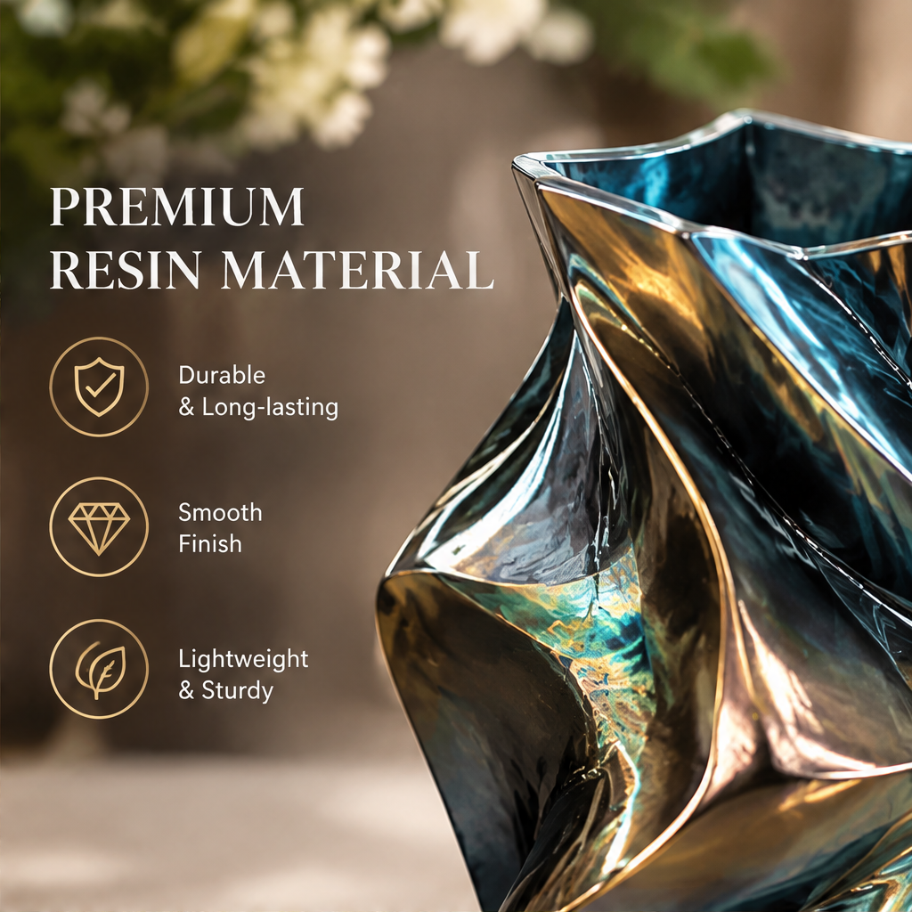 Close-up of the dark resin vase's smooth glossy surface and angular rim, with material details.