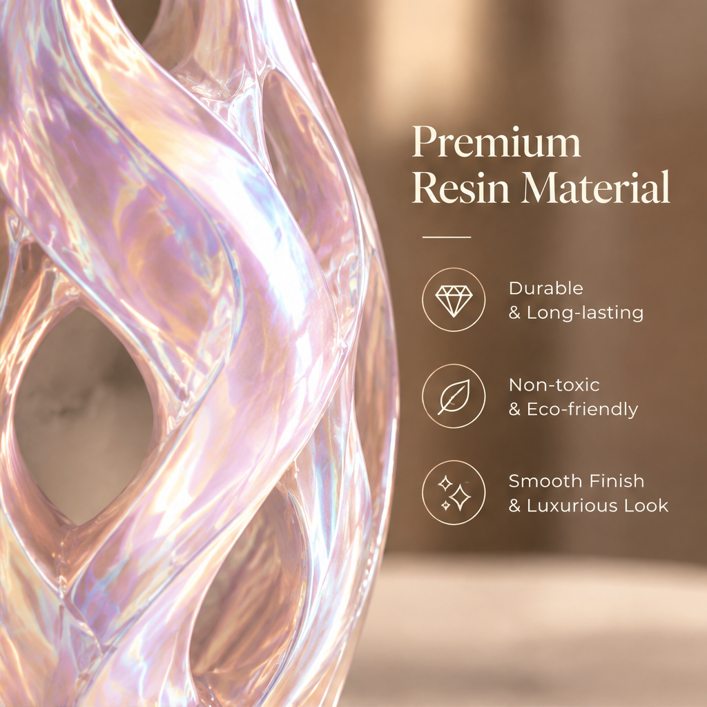 Close-up of the lavender pink resin vase's smooth iridescent surface and elongated openings.