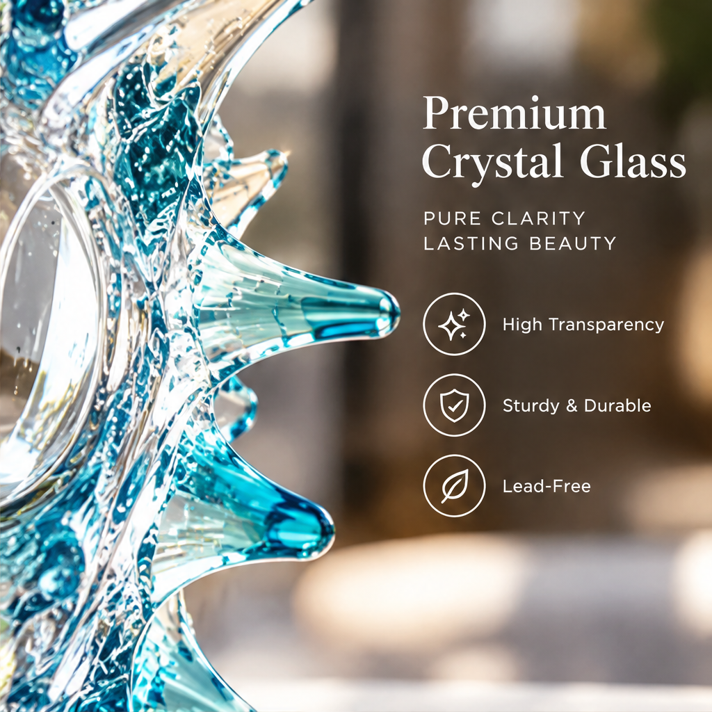 Close-up of aqua blue pointed details with crystal glass material and transparency information.