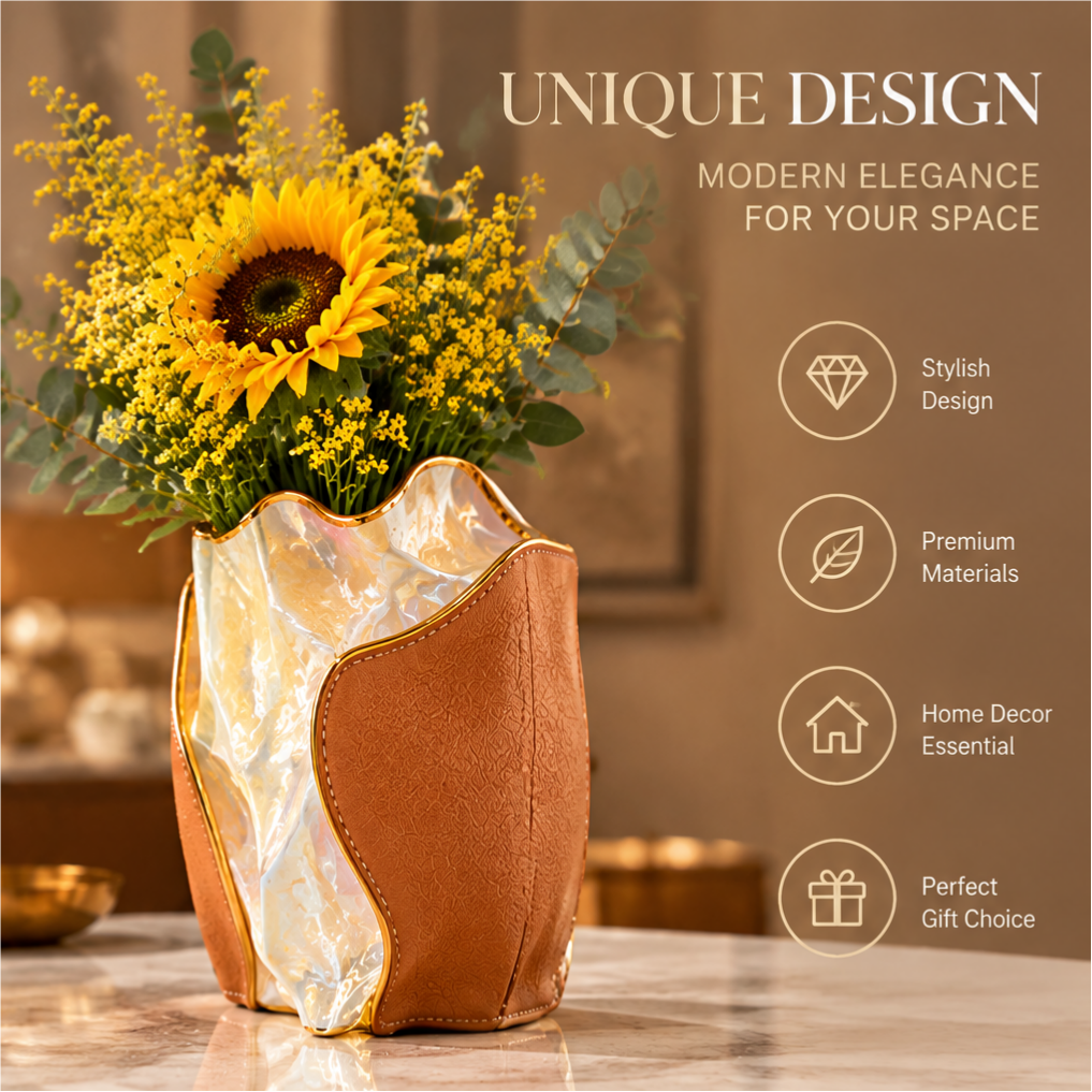 Empty wave vase showing its pearlescent ceramic surface, tan leather panels and gold-toned rim.