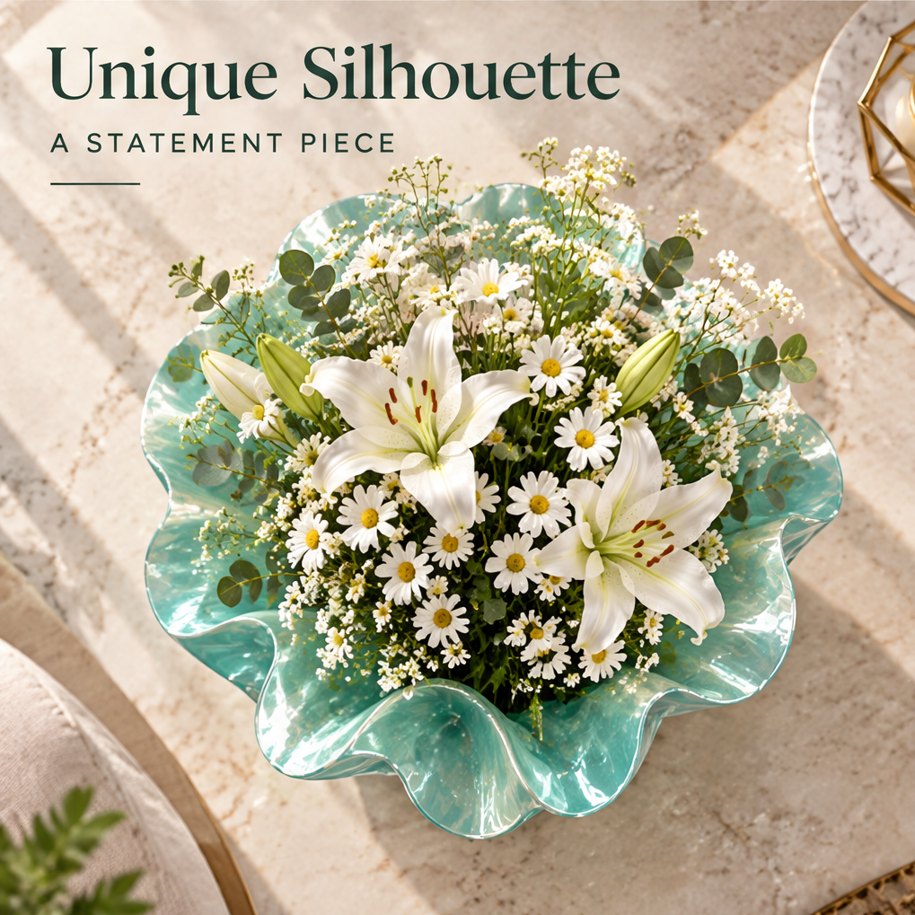 Overhead view of the aqua green vase showing its rippled opening around white flowers.
