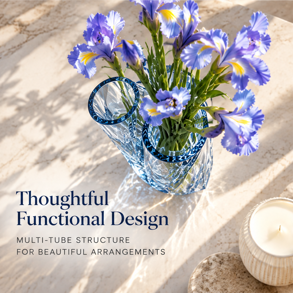 Clear blue multi-tube vase with purple irises and modern art for your home text.
