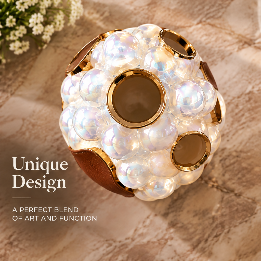Close-up of pearlescent ceramic, stitched brown leather and gold-plated details with material text.